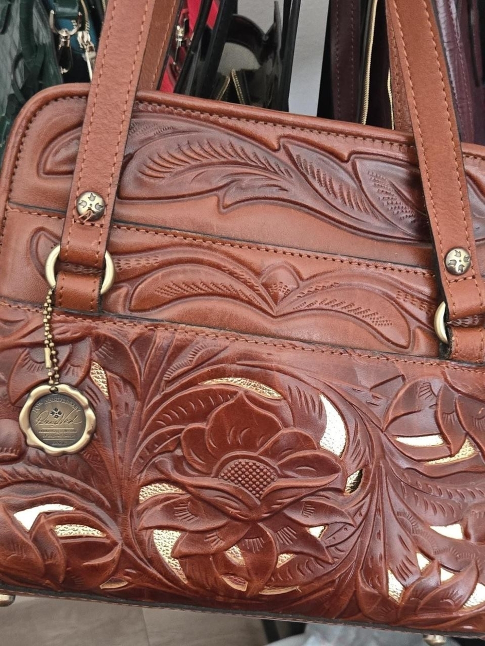 Patricia Nash Hand-Tooled Floral Leather Shoulder Bag in Brown